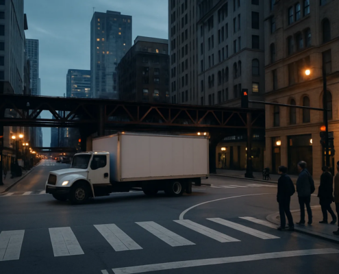 Chicago truck-pedestrian accident lawyer guide showing a truck near an urban crosswalk