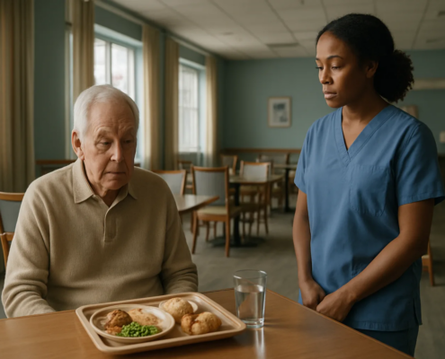 Chicago nursing home dehydration neglect warning signs at a resident dining table