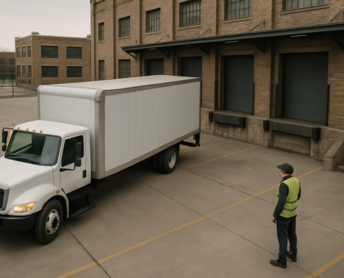 Chicago truck backing accident scene with a delivery truck and safety spotter near a loading=