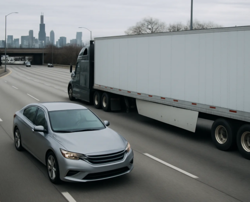 Chicago truck blind spot accident lawyer article showing a car beside a commercial truck