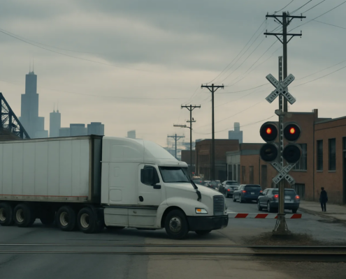 Chicago truck railroad crossing accident liability scene with a commercial truck near railroad tracks