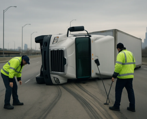 Chicago truck rollover accident lawyer investigation of a commercial truck crash scene