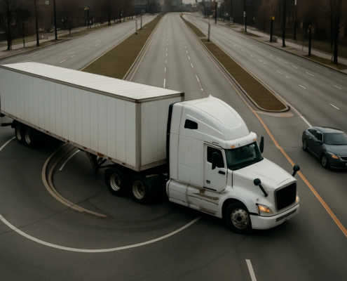 Chicago truck U-turn accident lawyer article showing a commercial truck maneuvering across multiple lanes