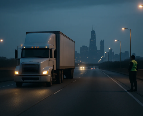 Chicago truck driver fatigue accident lawyer evidence scene on an early-morning expressway