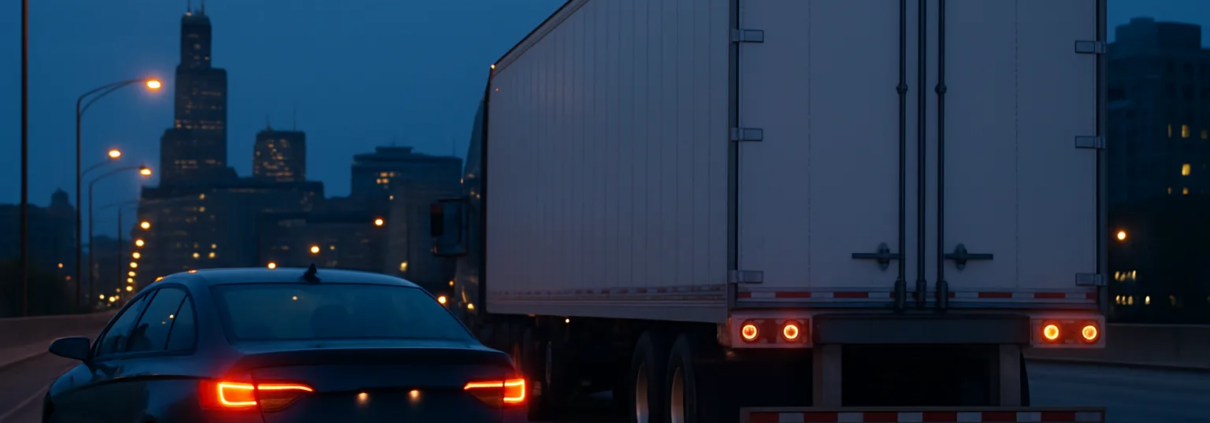 Chicago underride truck accident lawyer guide showing a tractor-trailer rear guard on an urban roadway