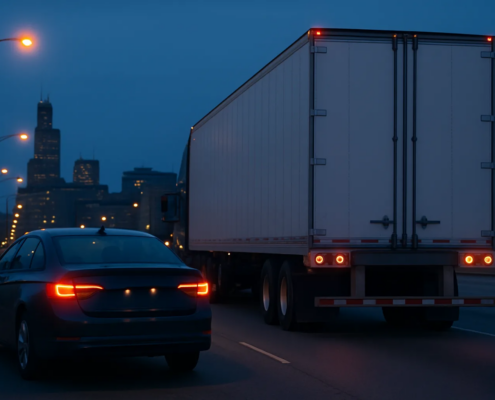 Chicago underride truck accident lawyer guide showing a tractor-trailer rear guard on an urban roadway