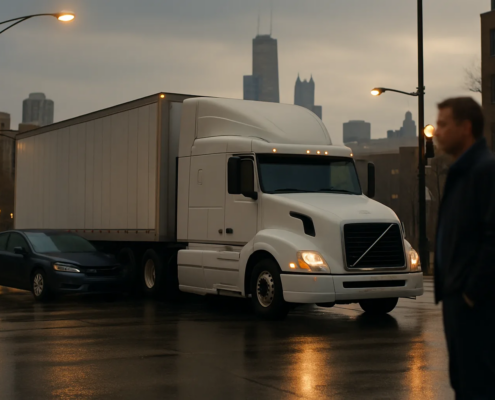 Truck brake failure lawyer Chicago article image showing a commercial truck stopped at a city intersection