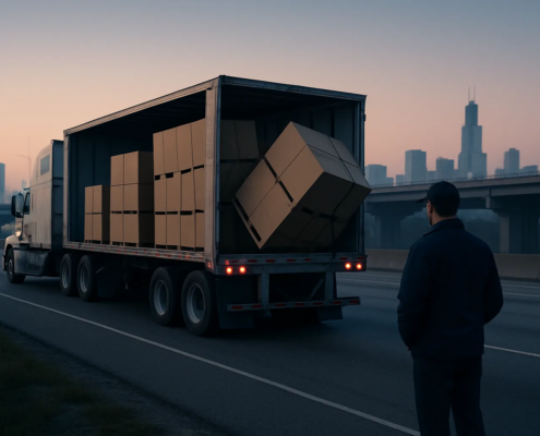 Truck cargo securement accident lawyer Chicago scene showing shifting freight on a roadway