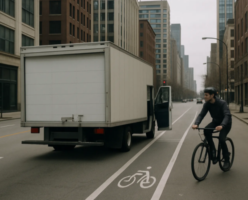 Chicago truck dooring accident lawyer article showing a delivery truck near a bicycle lane
