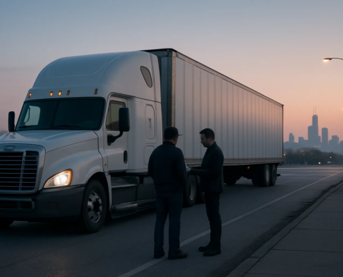 Chicago truck accident independent contractor liability scene with a tractor-trailer and investigators