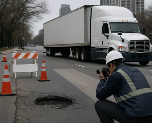 Chicago truck accident caused by a road hazard near a pothole and lane transition