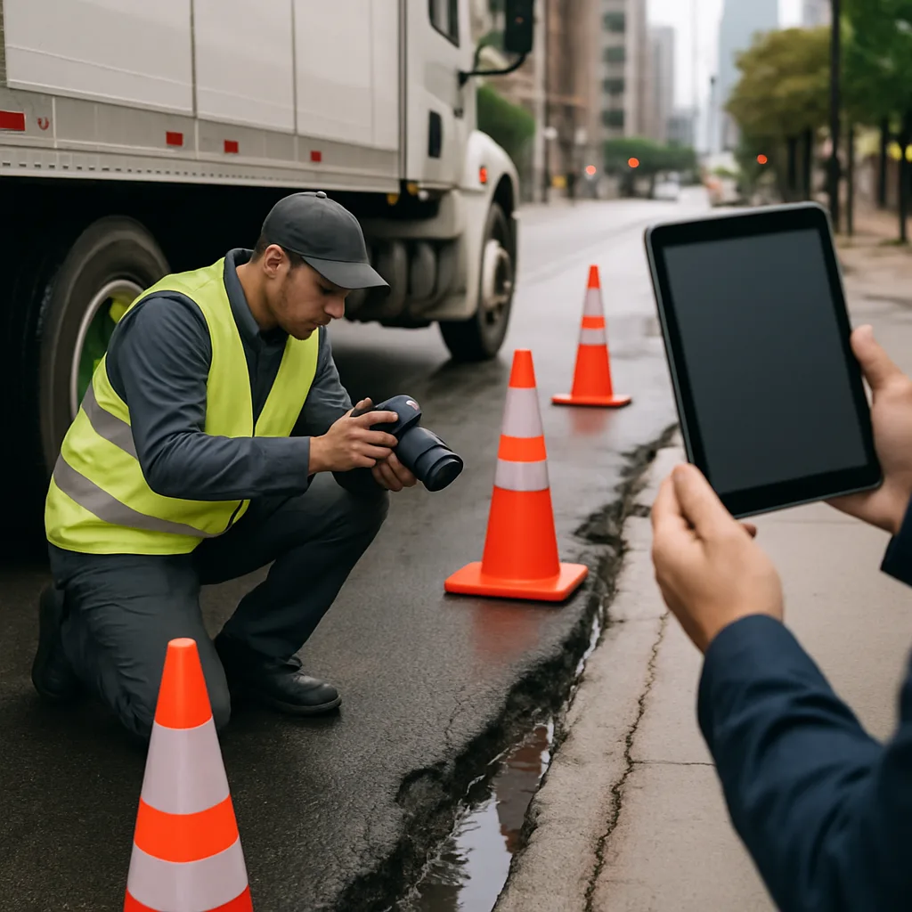 Roadway evidence photographed after a Chicago commercial truck crash