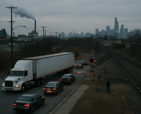 Chicago truck railroad crossing accident lawyer article image showing a truck near crossing tracks