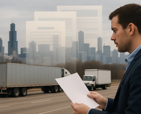 Chicago truck accident insurance coverage with commercial trucks on a city roadway