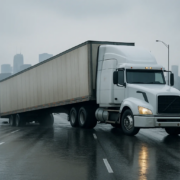 Chicago jackknife truck accident lawyer article showing a trailer losing control on a wet urban roadway
