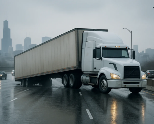 Chicago jackknife truck accident lawyer article showing a trailer losing control on a wet urban roadway