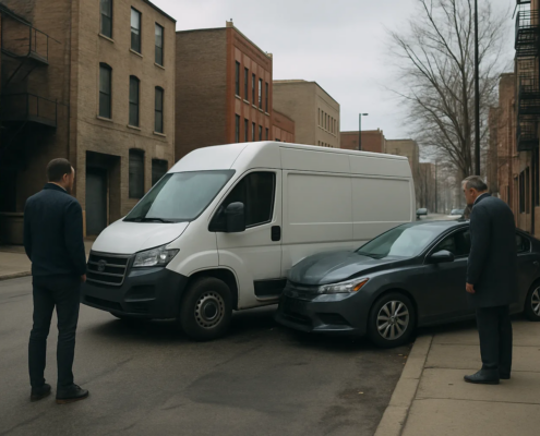 Chicago delivery truck accident lawyer article showing a delivery van crash near an urban loading area