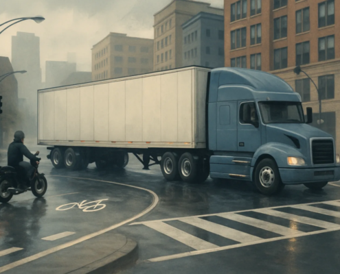 Wide-turn truck accident lawyer Chicago scene showing a tractor-trailer navigating a city intersection