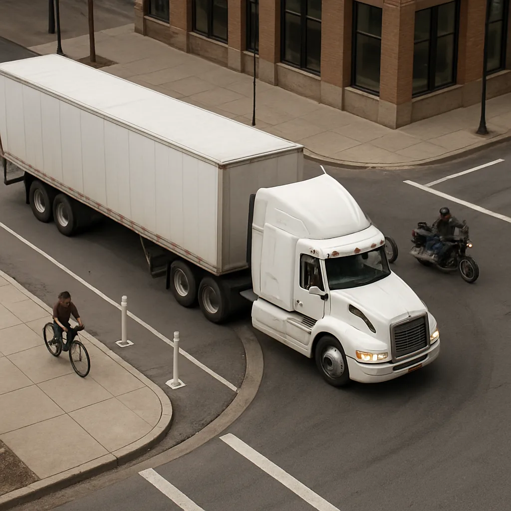 Trailer off-tracking path during a wide right turn near a Chicago bike lane