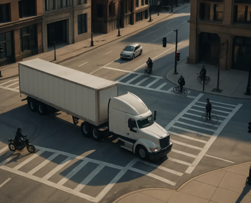Chicago truck left-turn accident lawyer article showing a commercial truck navigating an urban intersection