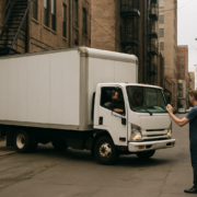 Chicago delivery truck backing accident scene in an urban alley