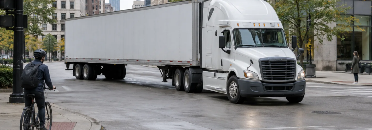 Chicago truck right-turn pedestrian accident risk at an urban intersection with a cyclist nearby