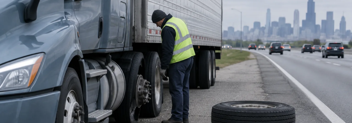 Commercial truck with a failed tire on a Chicago highway, illustrating a Chicago truck tire blowout accident