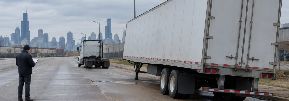 Detached trailer on a Chicago road illustrating Chicago trailer separation accident liability
