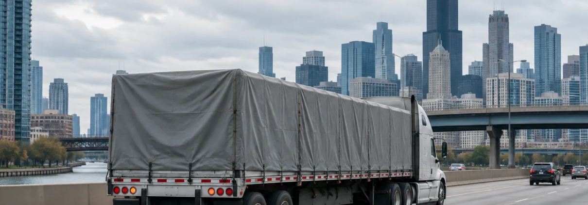 Chicago truck cargo shift accident liability illustrated by an unmarked freight truck on an urban roadway