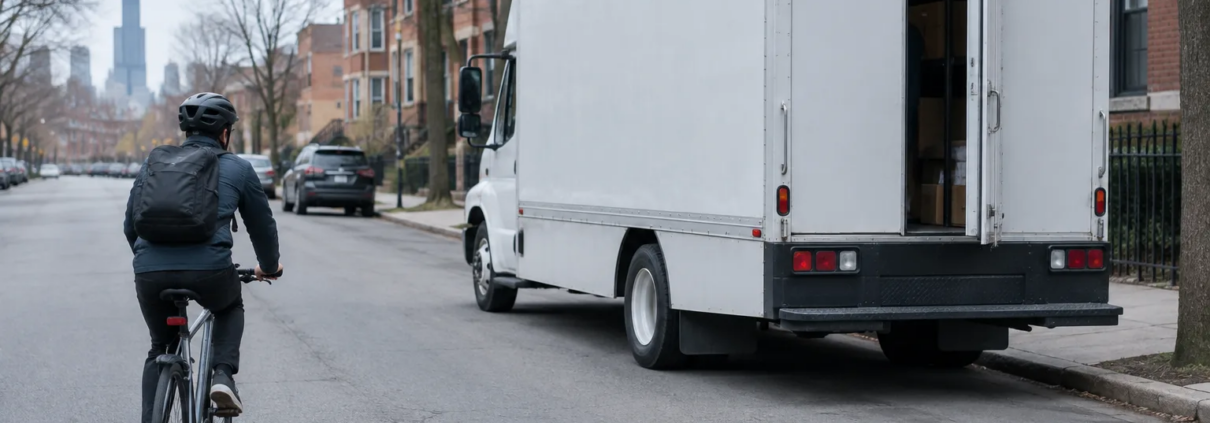 Chicago truck dooring accident liability illustrated by a cyclist near a stopped delivery truck
